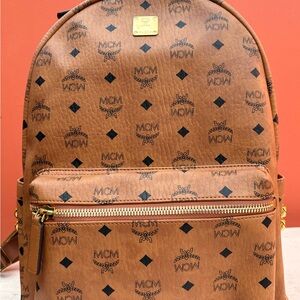 MCM Cognac and Black Logo Backpack